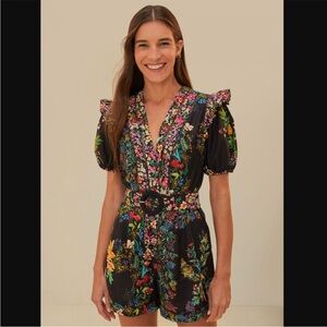 Farm Rio Delicate Forest Scarves Black Romper Size L Large